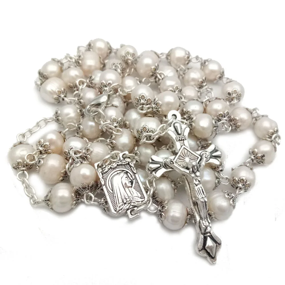 

Amazon Hot Selling Religious Jewelry Freshwater Bead Chain Jesus Cross Maria Catholic Rosary Pearl Necklace
