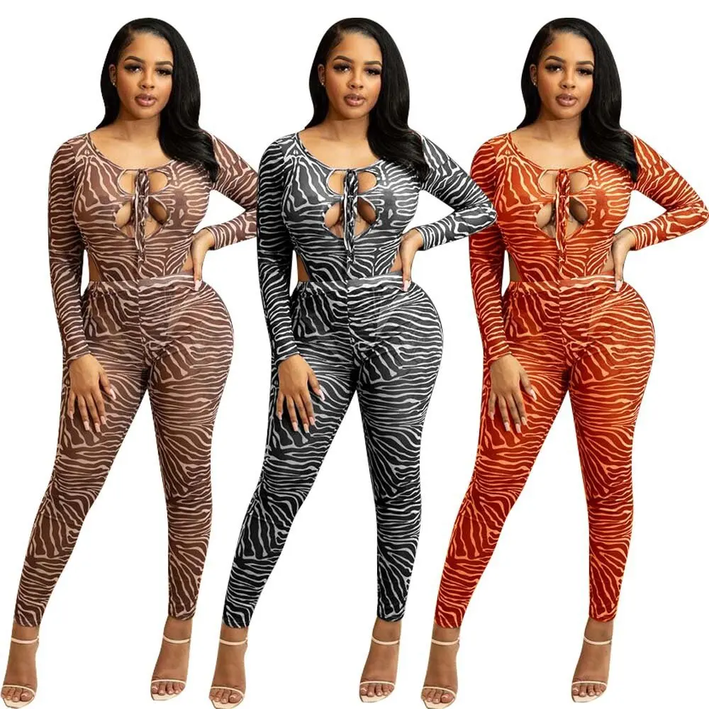 

M6452 - Pants And Bodysuit Printed Hollow Out Long Sleeve Womans Two Piece Set Clothing