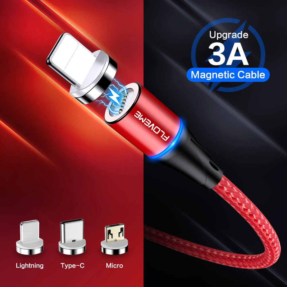 

Free Shipping 1 Sample OK FLOVEME 3A 2M Led usb Charging Cable Magnetic Type c usb Data Cable Custom Accept, Black red grey