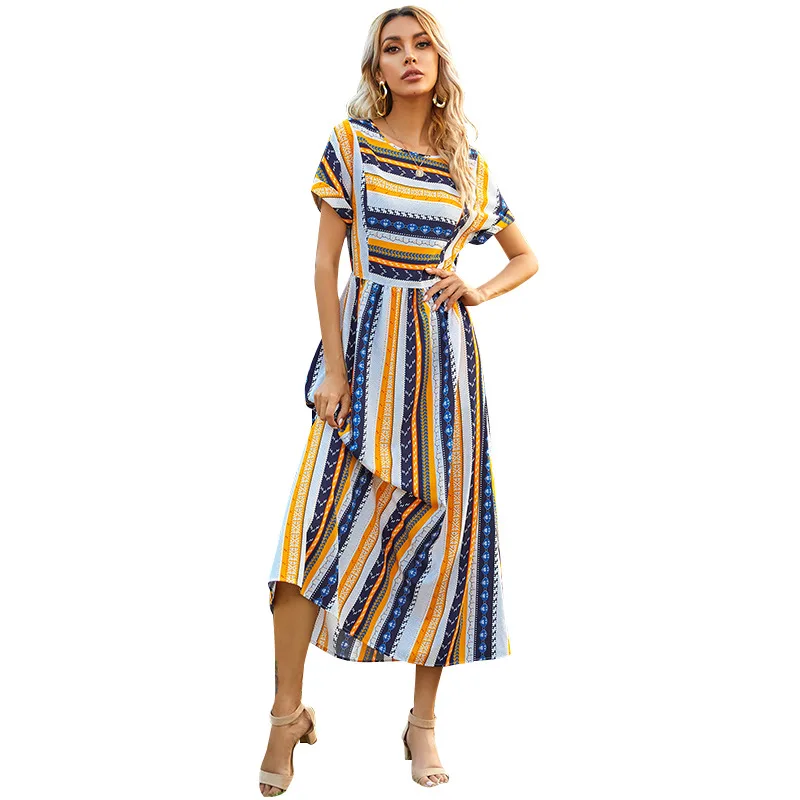 

new cross border popular foreign trade European and American women's elegant long skirt striped round neck short sleeve dress