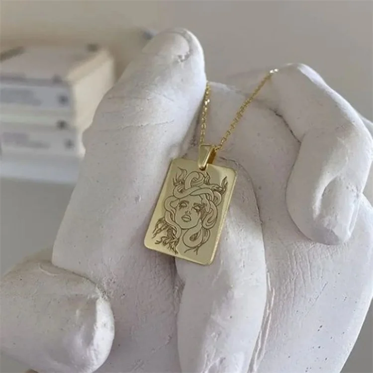 

custom double sided engraved rectangle square pvd gold plated stainless steel jewelry snake blank pendant necklace medusa