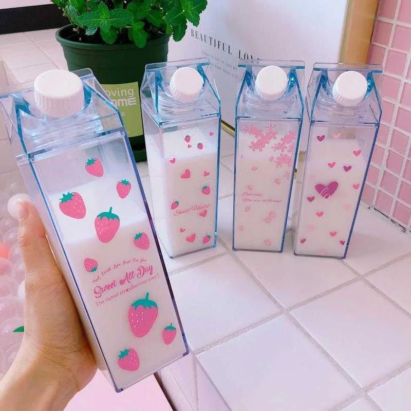 

Creative Cute Plastic Clear Carton Bottle Fashion Strawberry Transparent Milk Box Juice Water Cup for Girls BPA Free