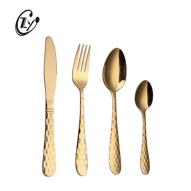 

Honey Comb Handle Stainless Steel Cutlery Set Hammered Pattern Handle 4PCS Flatware Set