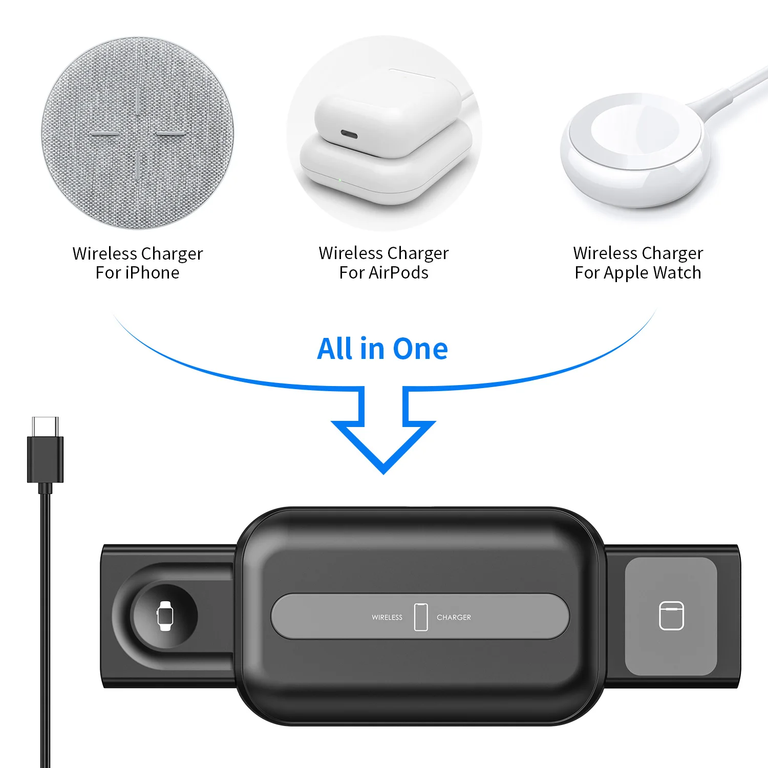 

Hot Sale Pop Up Design 2021 Multifunction 3in1 Wireless Charger For iphone For Airpods For Apple Watch, Black/white