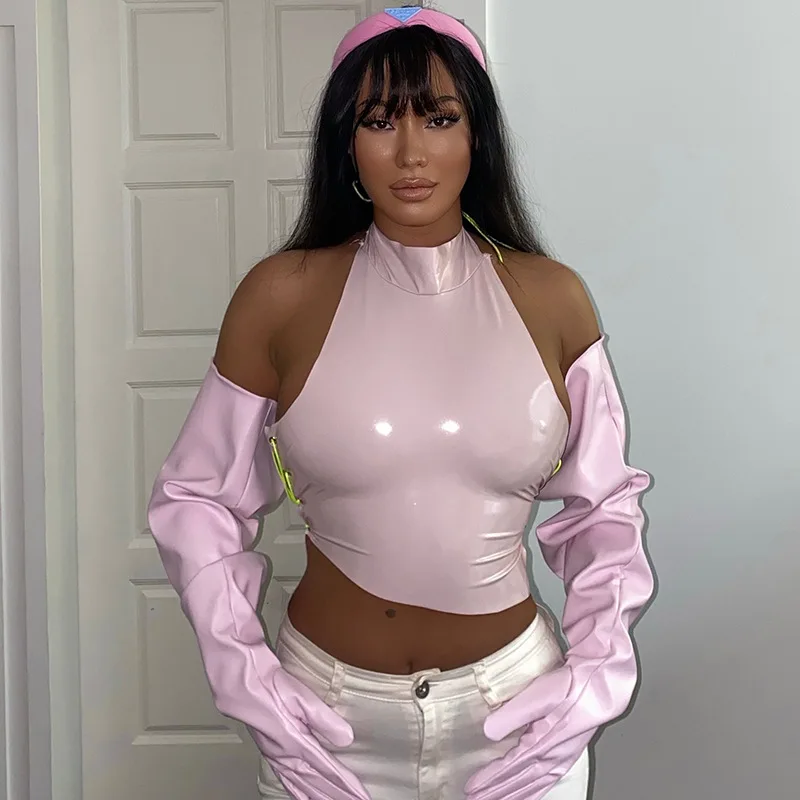 

Top Products Selling Sexy Solid Color Tie Up PU Leather Sleeveless Tank Top