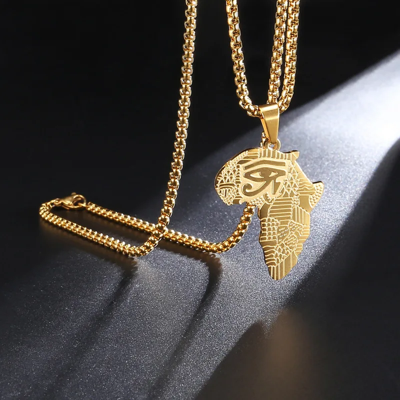 

Factory Hot Sale Golden stainless steel chains jewelry Africa Map Necklace Pendant Men's Titanium Steel Necklace wholesale, Picture shows