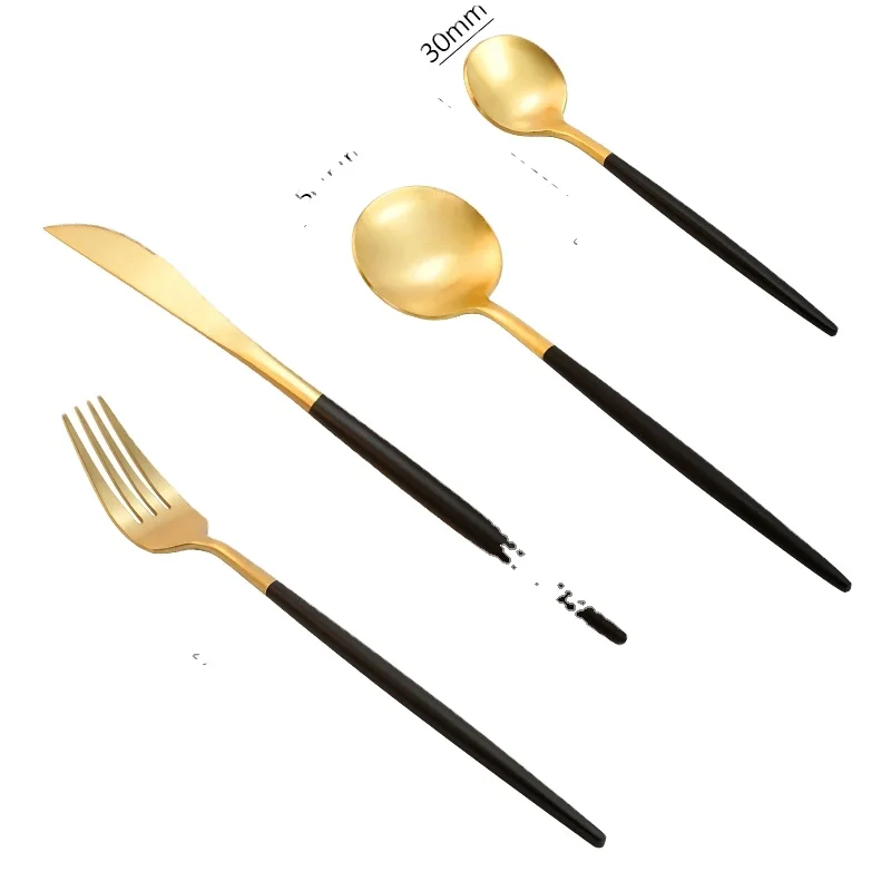 

PVD Titanium plated gold spoons gold flatware gold cutlery with black handle