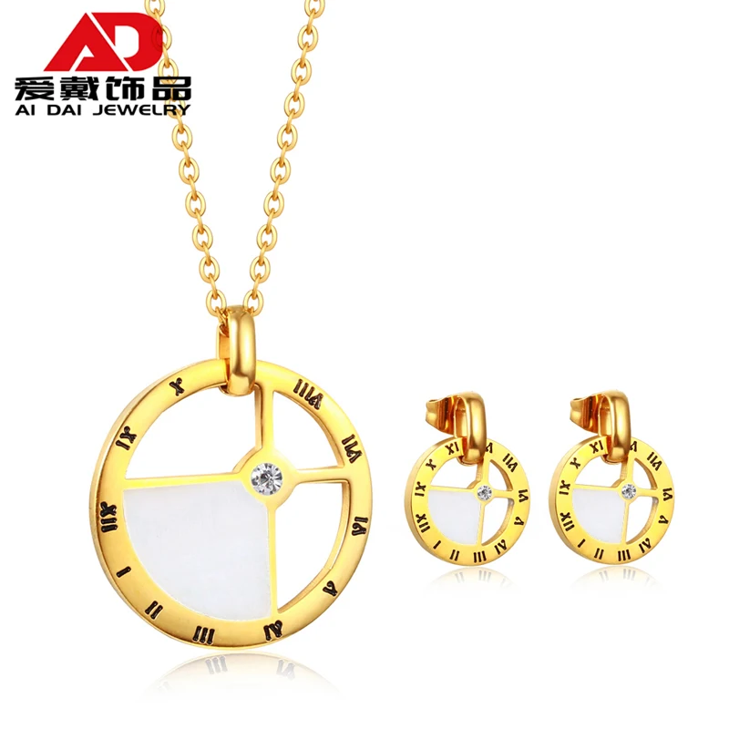 

Roman numerals round plate hollow diamond-set titanium steel white shell pendant necklace earrings set earrings first product