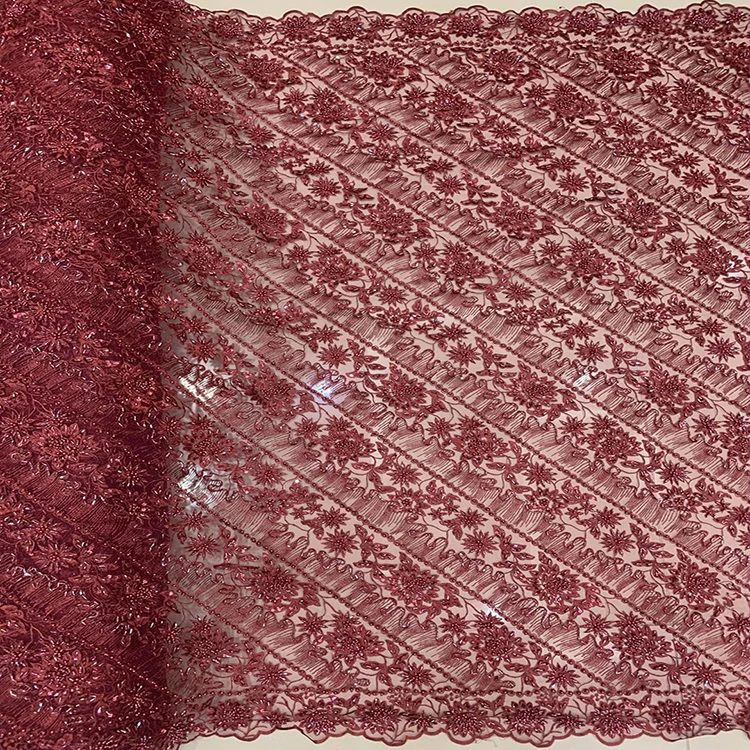 Handmade Luxury Red Beaded Handmade Embroidery Dress Dubai Lace Fabric