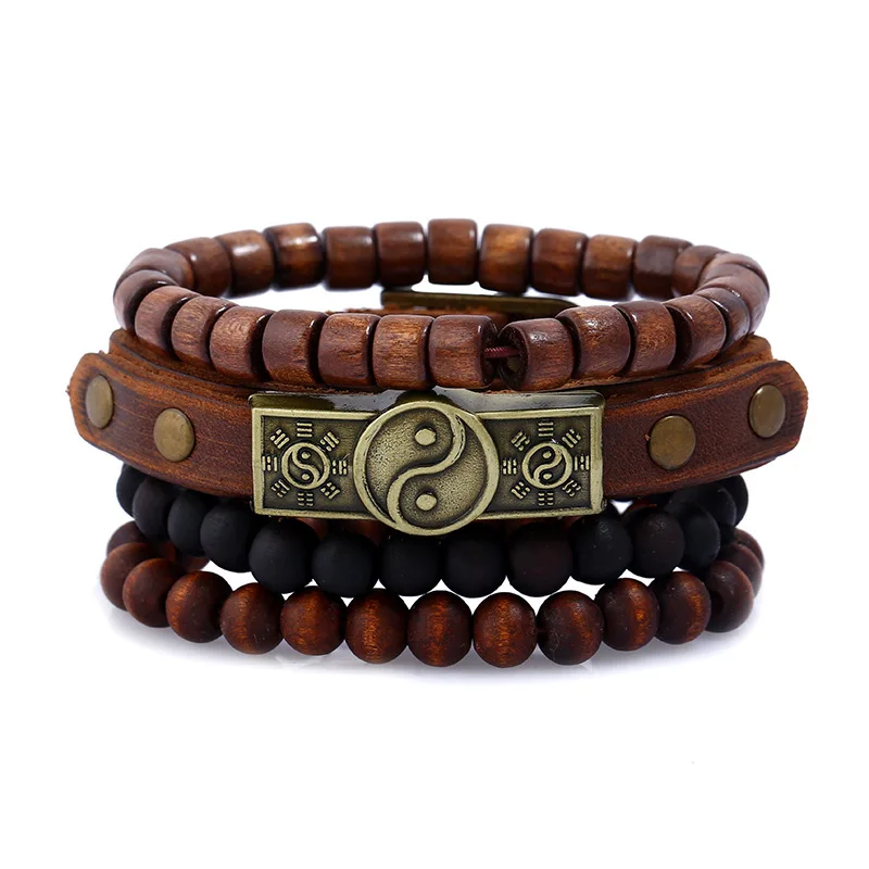 

4in1 A Set Fashion Four Layers Multi-Layers Genuine Leather Wrap TAI CHI YIN YANG Wooden Beaded Punk Jewelry Bracelet