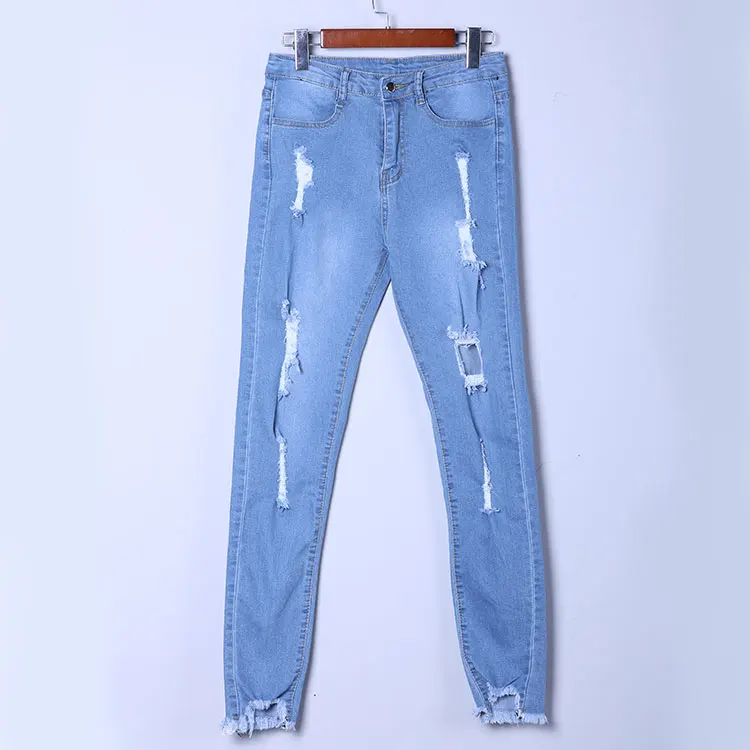 

European and American women's slim and slim jeans fashion and fashion hole-broken jeans feet trousers