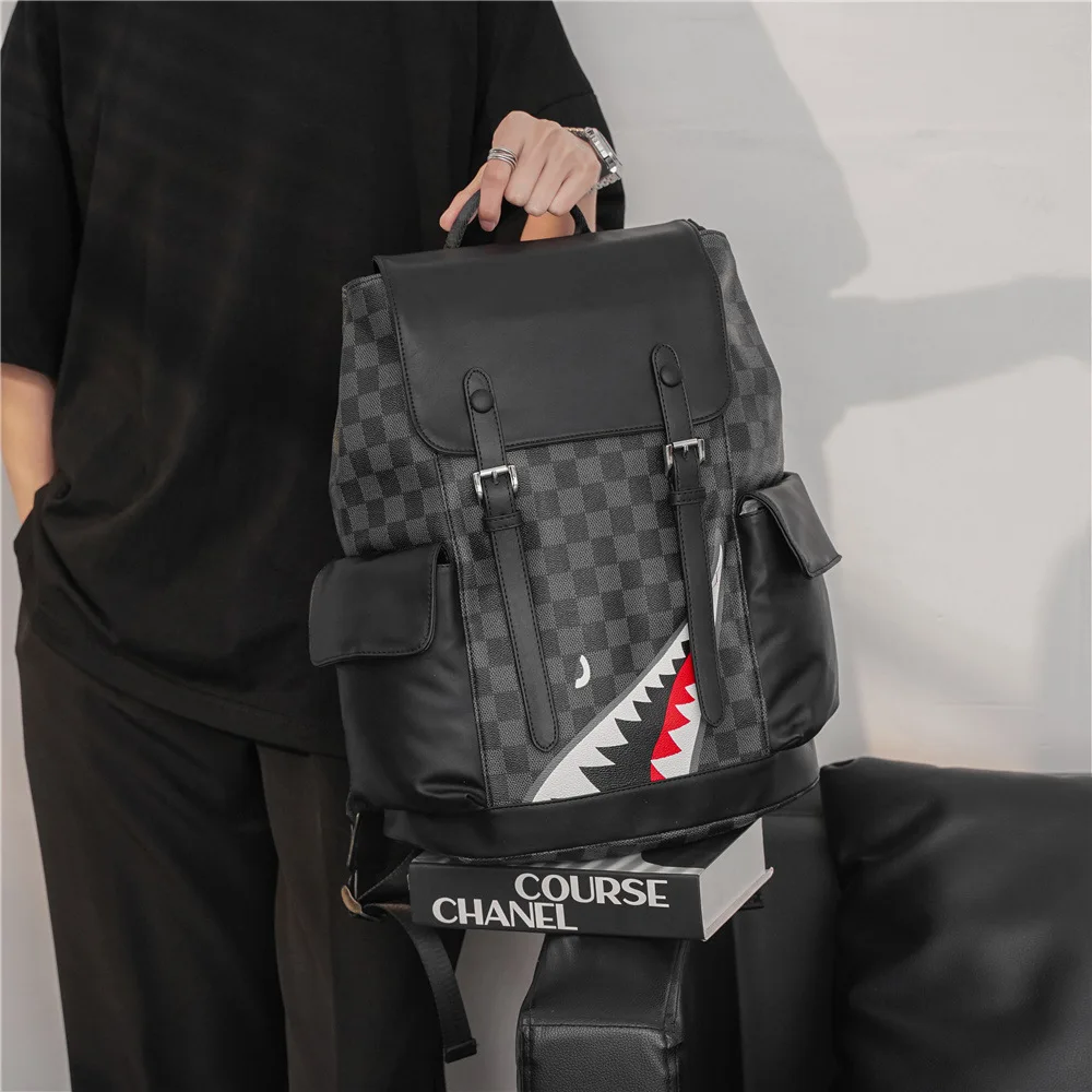 

Luxury brand Leather Backpack Men Shark Designer Shoulder Bag for Male Black Plaid School Backpacks Large Men's Laptop Bags