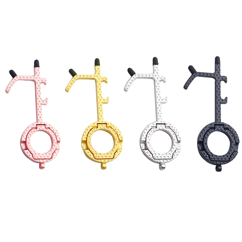 

Multifunctional EDC Non-Contact Door Opener Bottle Opener Phone Holder Screen Button Elevator Contactless Press Pen Keychain, Black,pink,gold,silver