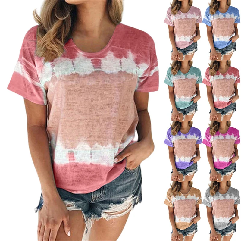 

Wholesale ladies fashion o neck t-shirt tie dye tops casual loose women 2021 t shirts, 8 colors