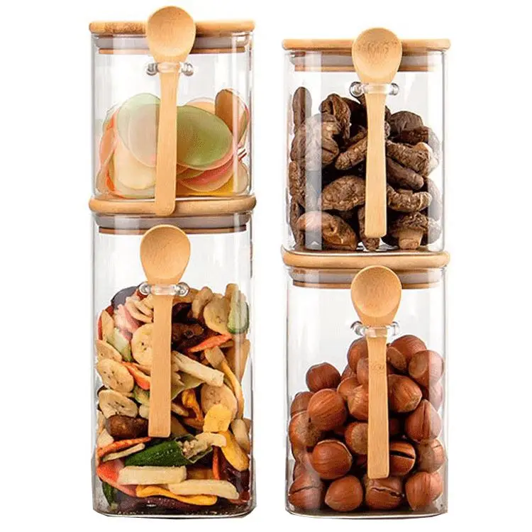 

Hand Made Kitchen Storage Wide Mouth Glass Jar Square Large Glass Jar With Bamboo Lid, Clear