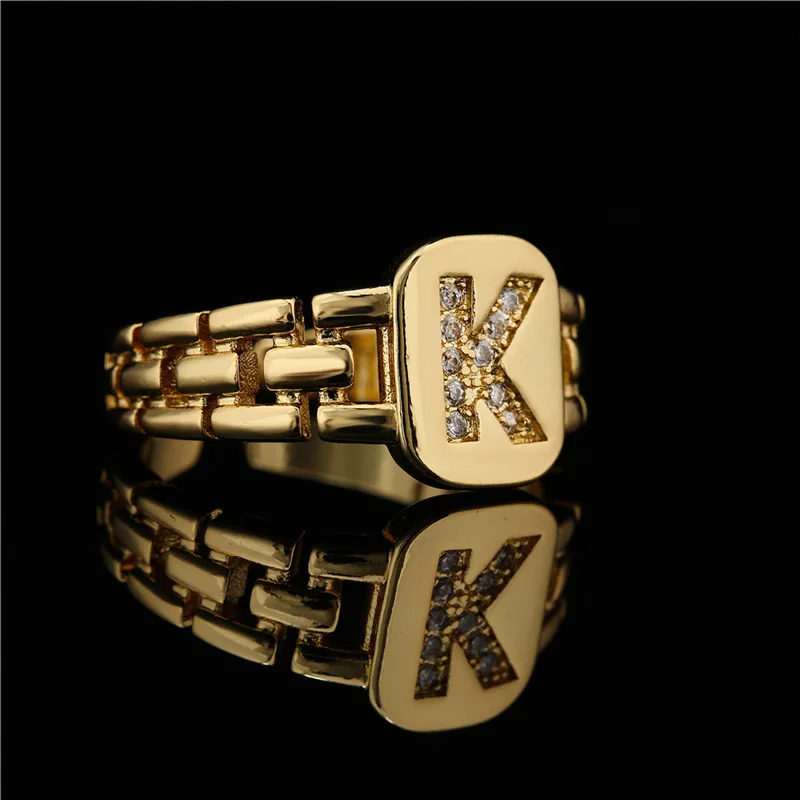 

2021 Trendy Adjustable 18k Gold Plated A-Z Letter Ring Watchband Square Gold Initial Letter Rings For Women