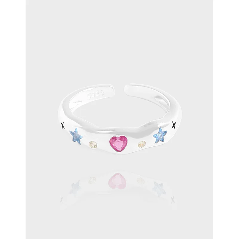 Colorful Star Heart Zircon Paved Wedding 925 Sterling Silver Open Finger Rings for Girls Fine Jewelry