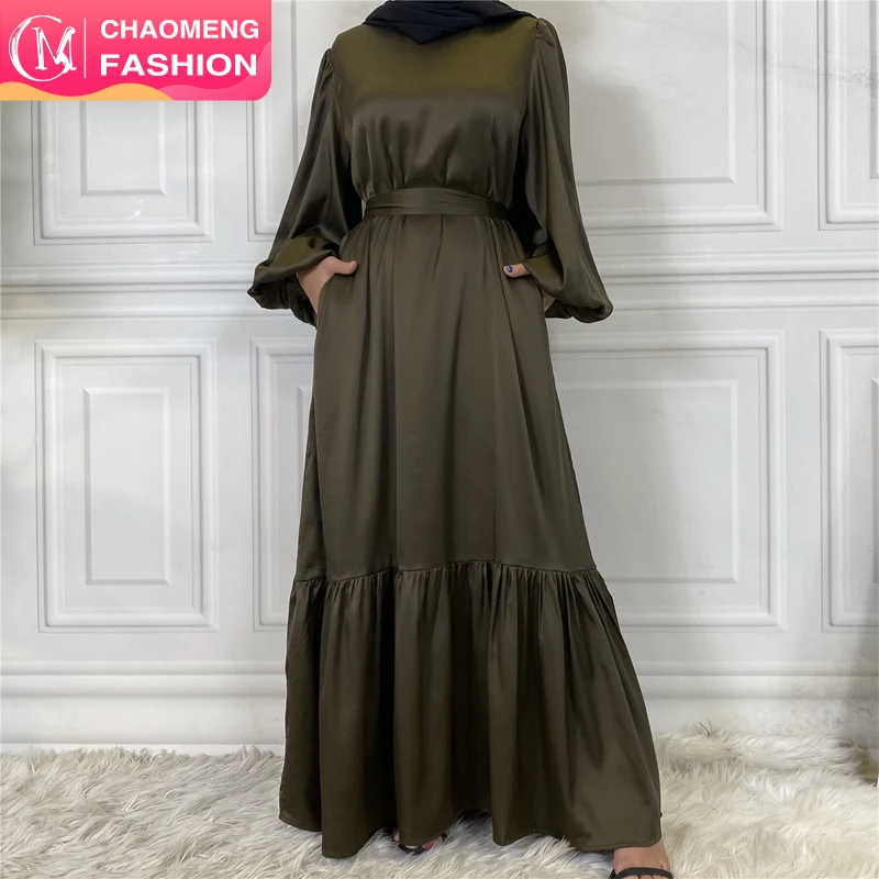 

6531# Latest Solid Color Puff Sleeve Satin With Pocket Long Islamic Clothing Maxi Casual Women Abaya Muslim Dress, Blue/black/golden/green/brick/coffee