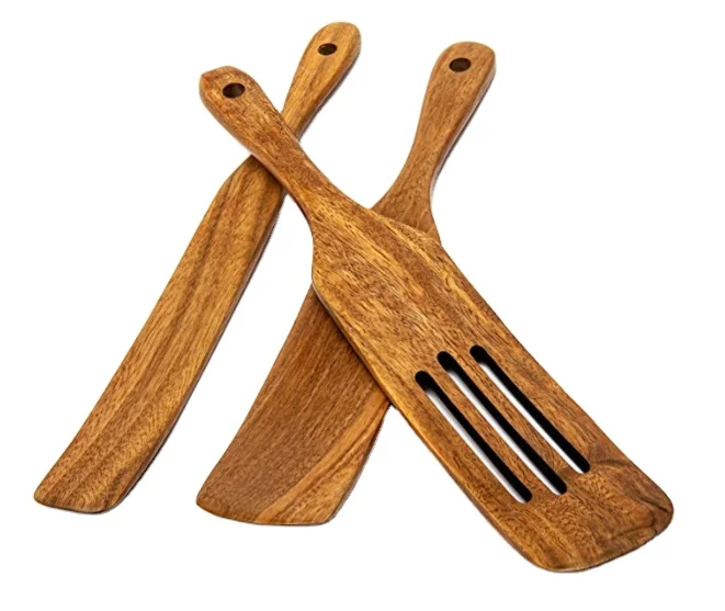 

2021 best selling 100% Healthy Bamboo cooking Teak Wooden Spurtles Set kitchen utensils 3pcs set, Natural color