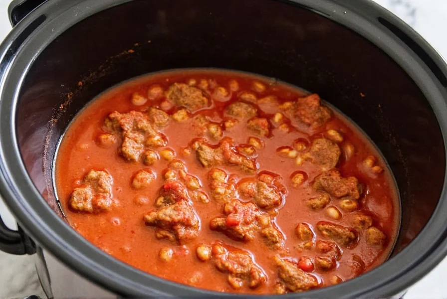 Slow cooker filled with rich red chili showing tender beef chunks and beans