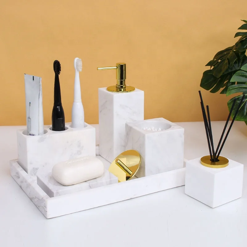 

White light luxury natural marble bathroom accessory complete set for hotel