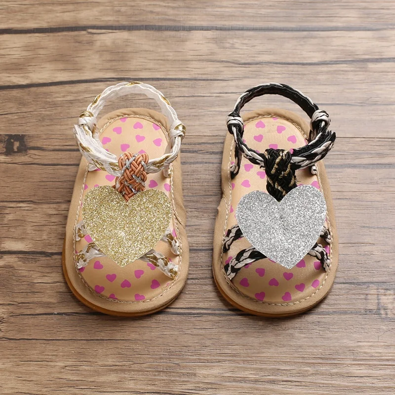 

2020 lovely heart print blingbling heart newborn baby 1-2 years prewalker soft sole fashion princess baby sandal shoes