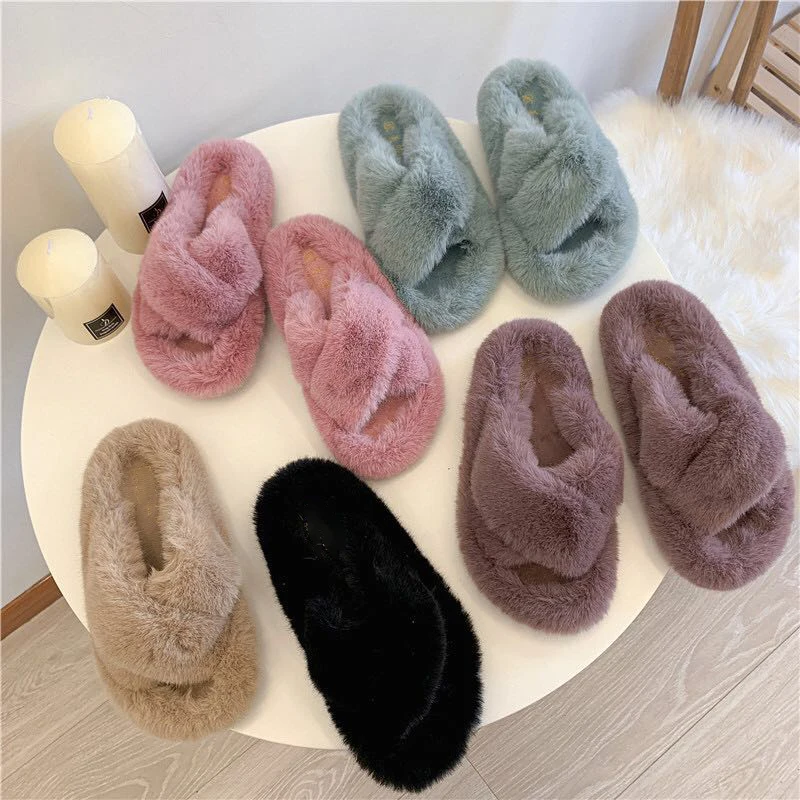 

Factory Custom Wholesale Warm Soft Fur Furry Indoor Lightweight Women Ladies Vegan Alpaca Slippers, Customized color