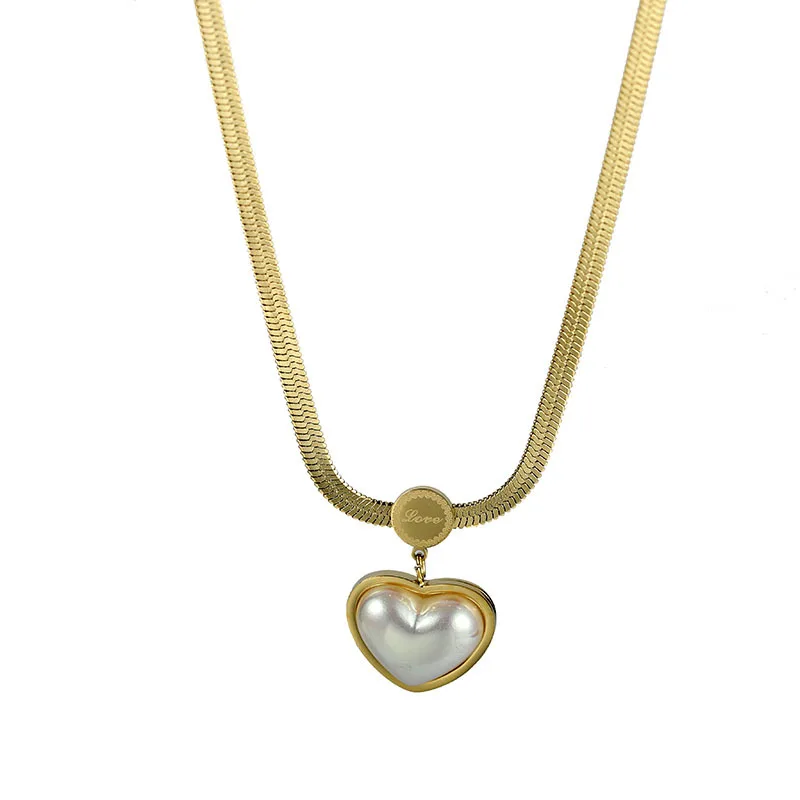 

Woman Fashion Stainless Steel Shell Pearl Heart Pendant Chunky Snake Chain Necklace Earrings Set