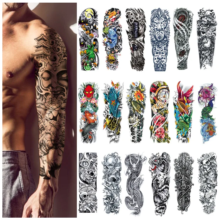 

Men Large Arm Sleeve Black Sexy Waterproof Temporary Tattoo Sticker Full Arm Big Skull Flower Tattoo Stickers Flash Tattoos