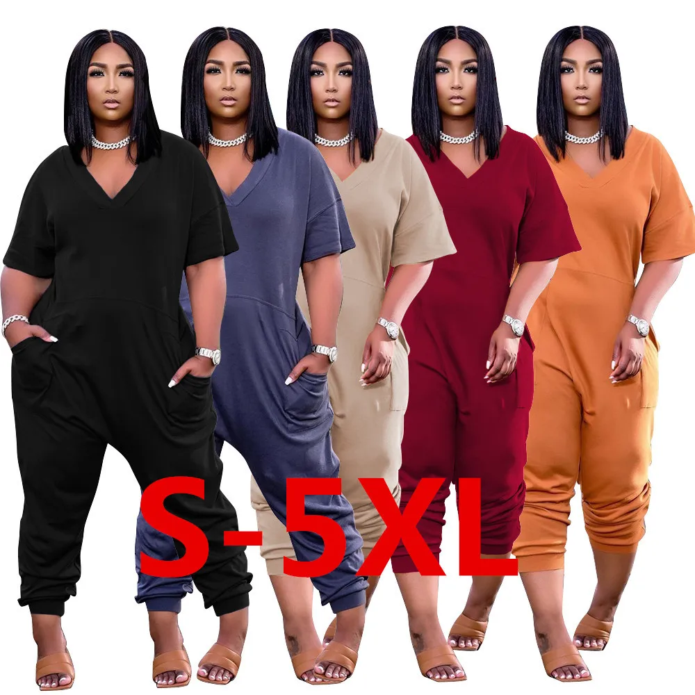 

solid color plus size 5XL jumpsuit short sleeve 2021 new arrive casual loose v neck summer one piece romper jumpsuit, Custom choose