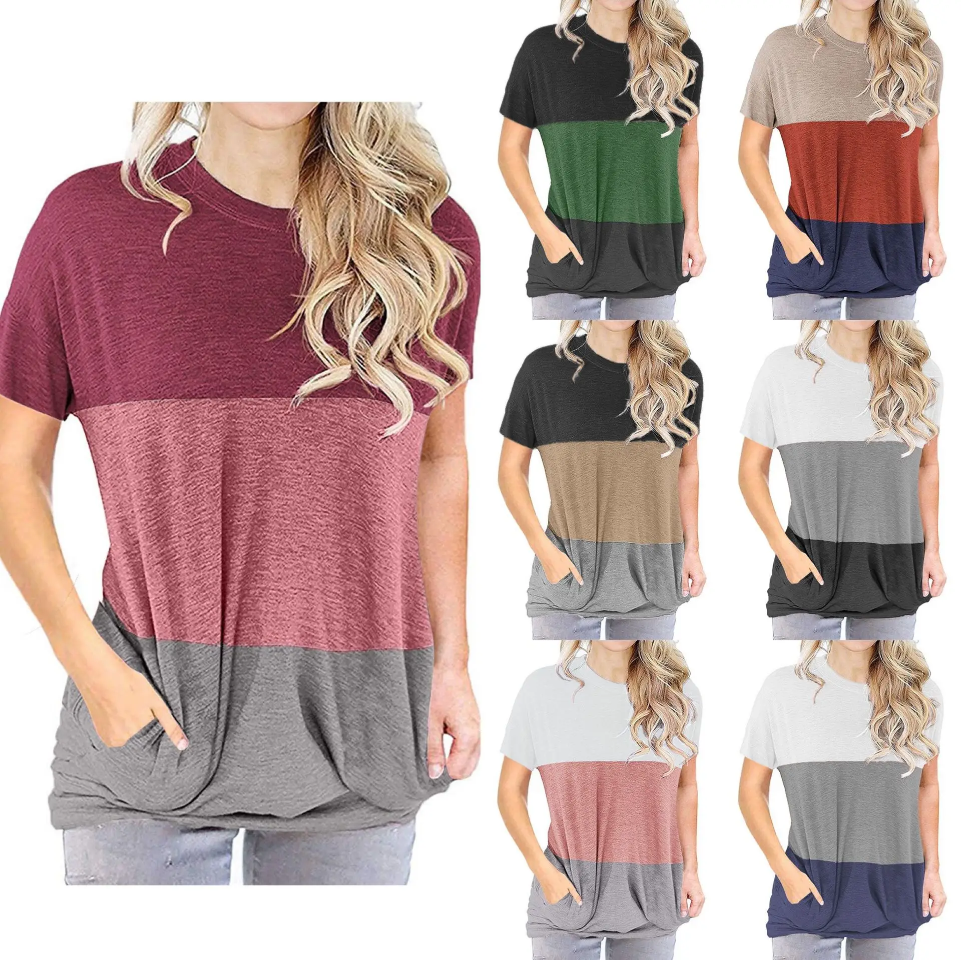 

Women Stripe Plus T Shirt Fashion Blouse With Pocket Women Loose Round Neck Patchwork Shirts, Customized colors