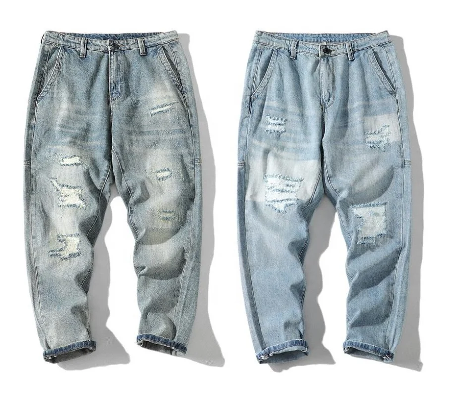 

KS Stonewashed hole Denim Jeans teenagers Bulk Wholesale Casual tapered Loose Pants men's jeans