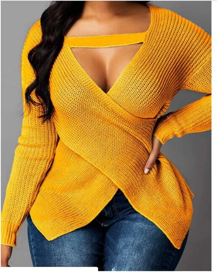 

wholesale Fashion 2021 V Neck Cross Women Sweaters Long Sleeve Fall Sweaters Women Tops, Yellow, black