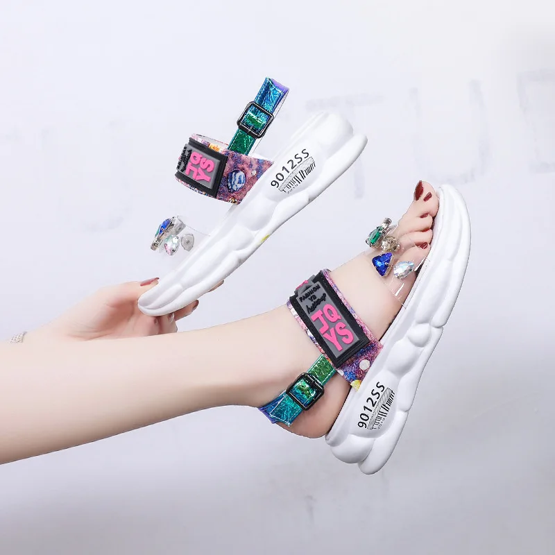 

Wedge Heel Sandals Female Summer New Style Korean Version Of Color Diamond Super Buckle Platform Sandals, Yellow,white,pink