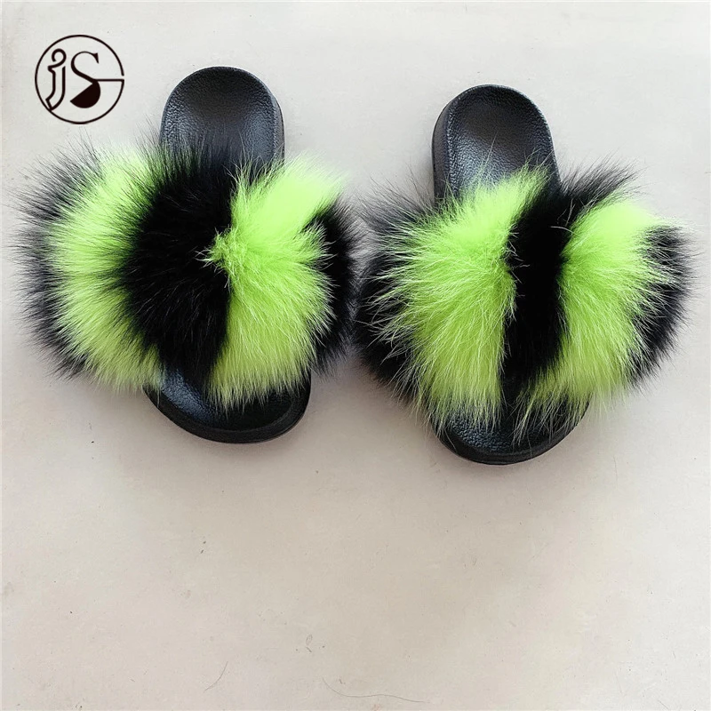

Comfort slippers with flat bottom Fluffy fashion lady slides High-end genuine real fox fur slippers Colorful fur slides, Picture