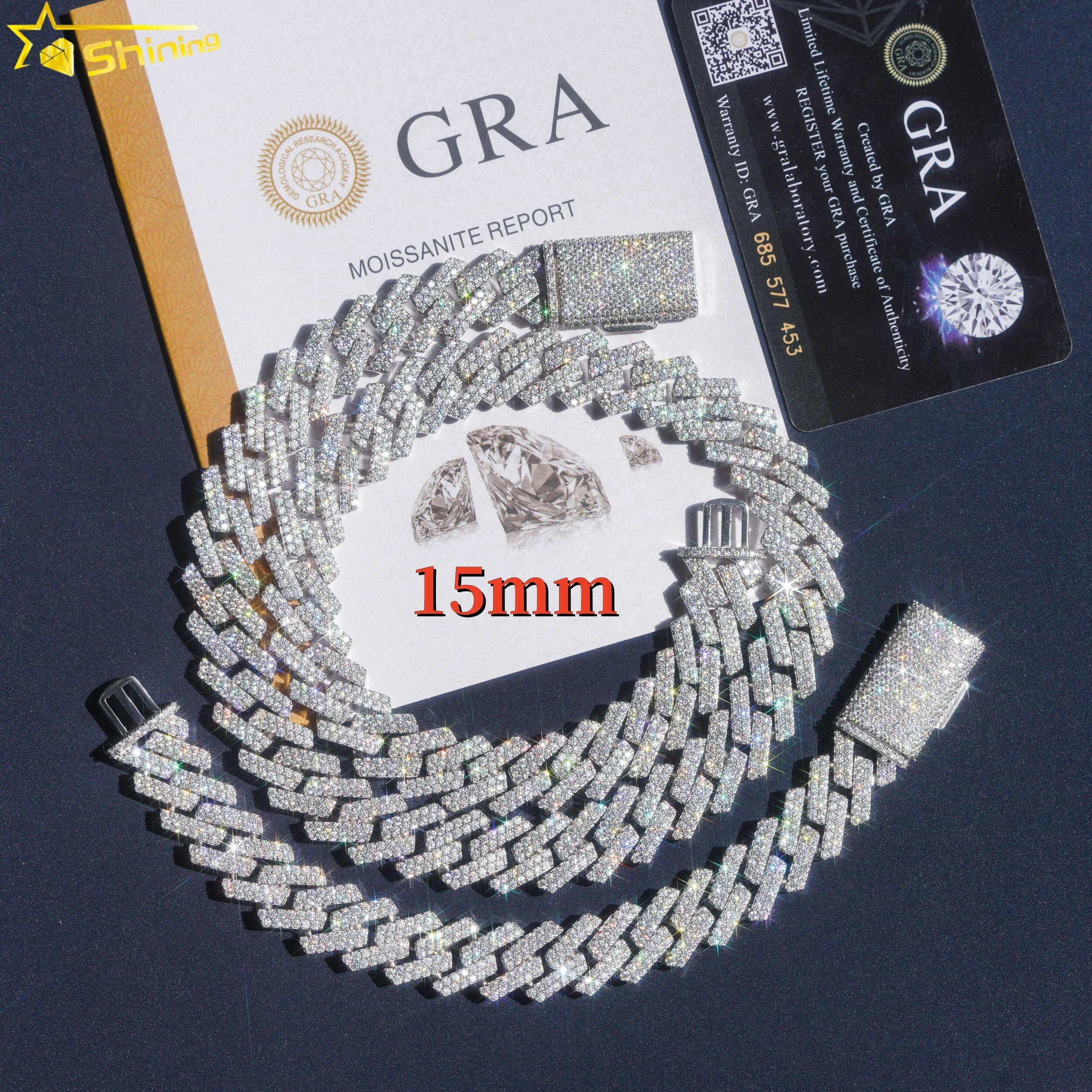 

Wholesale price 15mm 2 rows hip hop fine jewelry men necklace 925 sterling silver VVS moissanite diamond cuban link chain