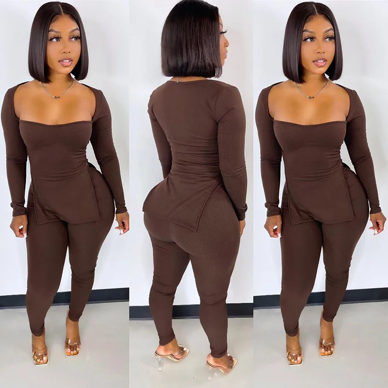 

Yingchao 2022 Fashion Solid Women Square Neck Long Sleeve Crop Top And Pant Set 2 pieces Ladies Suit Pant Set