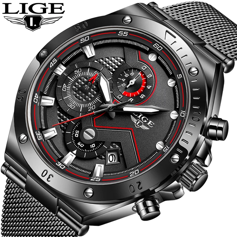 

LIGE 8961 Men Fashion Chronograph Rose Gold Quartz Watch Brand Luxury Sport Watch Men Stainless Steel Waterproof Wristwatch