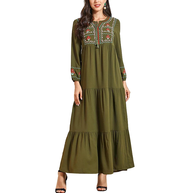 

Fashion Burgundy Muslim Women Dress Drawstring Embroidered Long Sleeve Maxi Abaya Dress GOTS Certificate