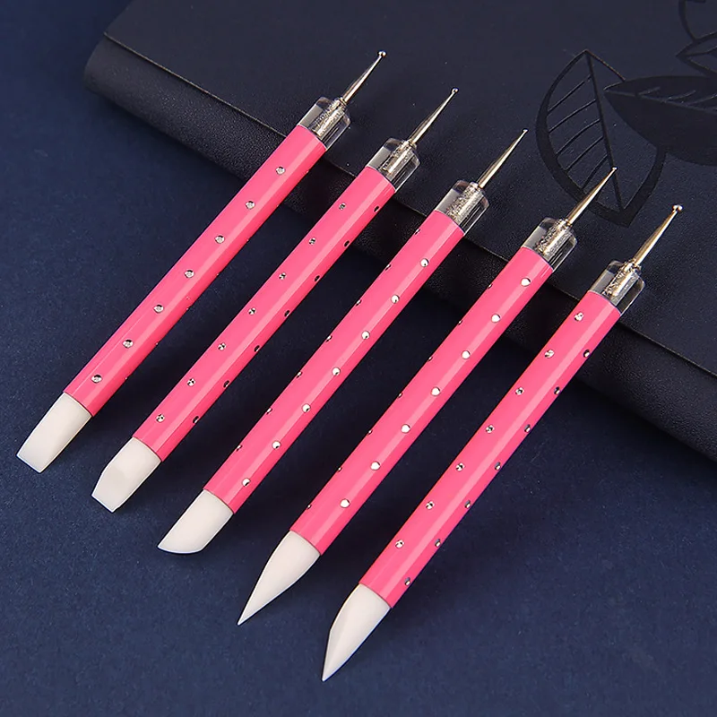 

5Pcs Dotting Double Head Nail Art Pen Stainless Steel Silicone Pink Blue Nail Brush