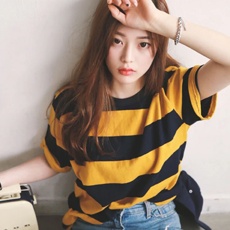 

Amazon Ins Direct Sale Women Casual T Shirt 2021 Striped Short-sleeved Bottoming Shirt Slim Short-sleeved Ladies T-shirt Street