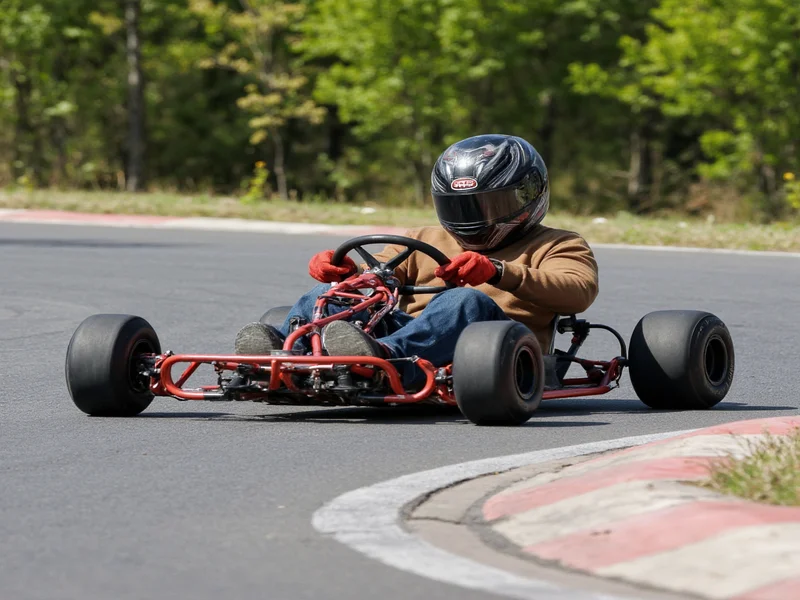 DIY go kart taking corner on paved track with proper lean