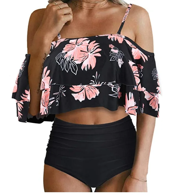 

Women Two Piece Swimsuit High Waist Off Shoulder Ruffled Bikini Set, Black-floral,black-letter,navy-floral,orange-letter