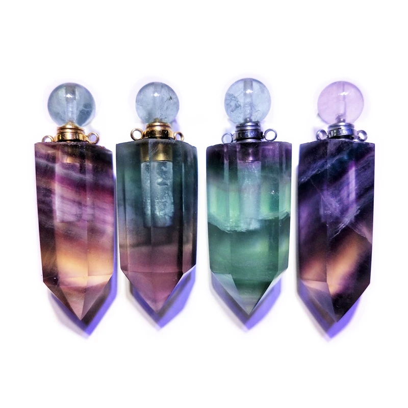 

Natural Rainbow Fluorite Hexagon prism Perfume Bottle vial Pendant pointed Gemstone Chakra Crystal Quartz Pendant for necklace, Multi