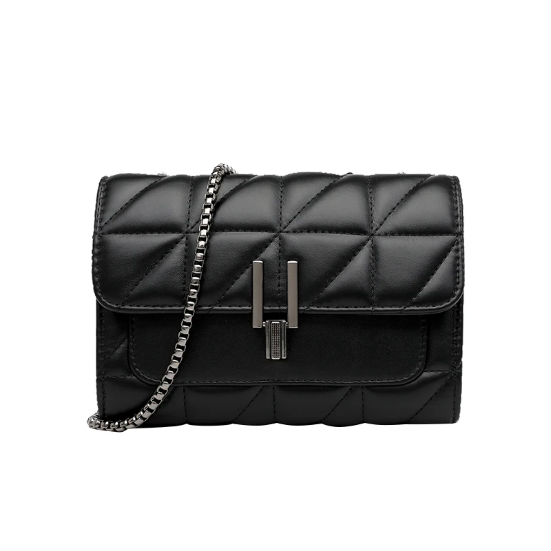 

2021 New Design Women Metal Chains PU Leather Messenger Bag Wholesale Ladies Small Shoulder Bag, Black white