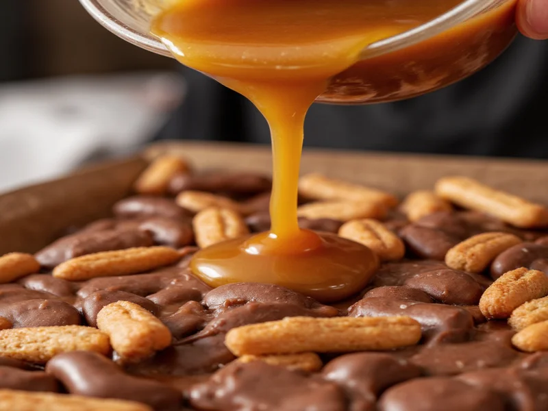 Homemade Snickers caramel pouring process