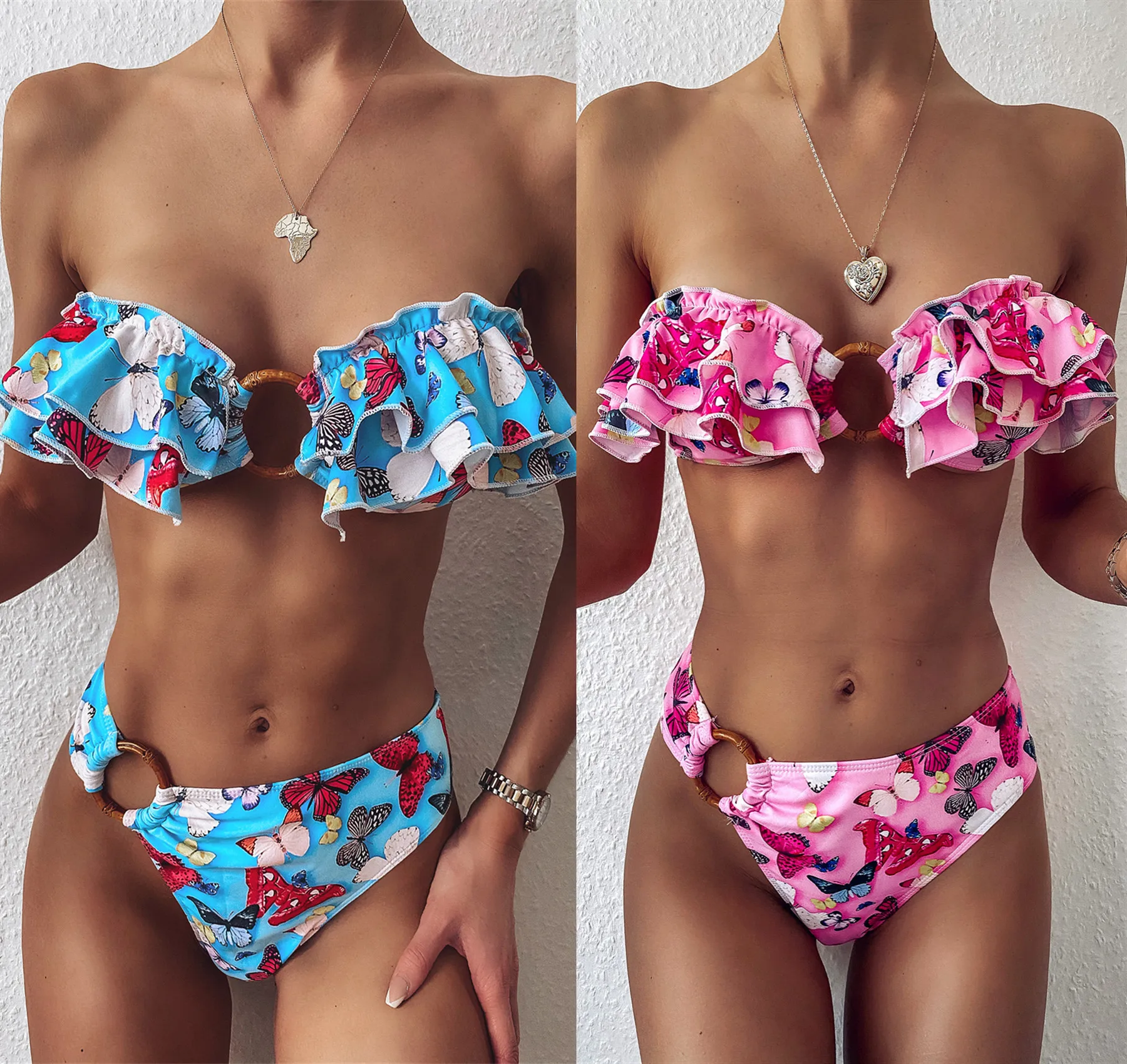 

Ladies Butterfly Print Swimsuit Two Piece Set Sexy Strapless Swim Suit Beachwear The Flounce Bandeau Bikini, Customized color