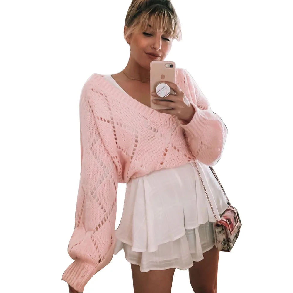 

manufacturer stylish Knitted pink Ladies loose V-Neck Sexy Cute Shirt Winter school argyle cashmere wool women's sweaters