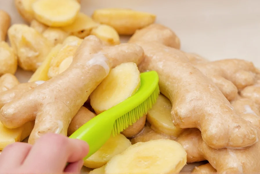 Close-up of fresh ginger root being scrubbed with vegetable brush under running water