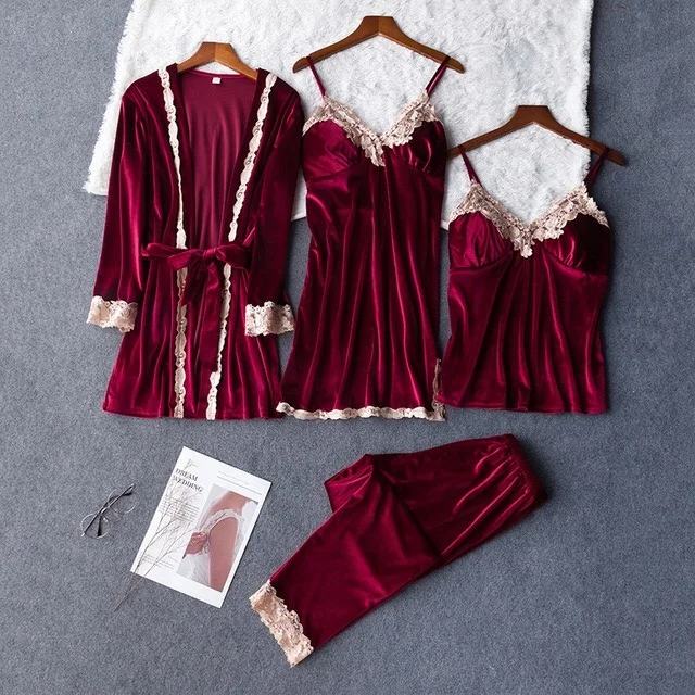 
Gold Velvet 4 Pieces Kit Ladies Lace Robe Sexy Sleeveless Nightwear Pajamas Sets Sleepwear Women 